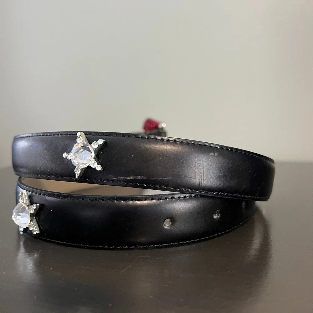 Simon‎ Italy Black Leather Red Rhinestone Western Glam Belt XL Crystal Star rock